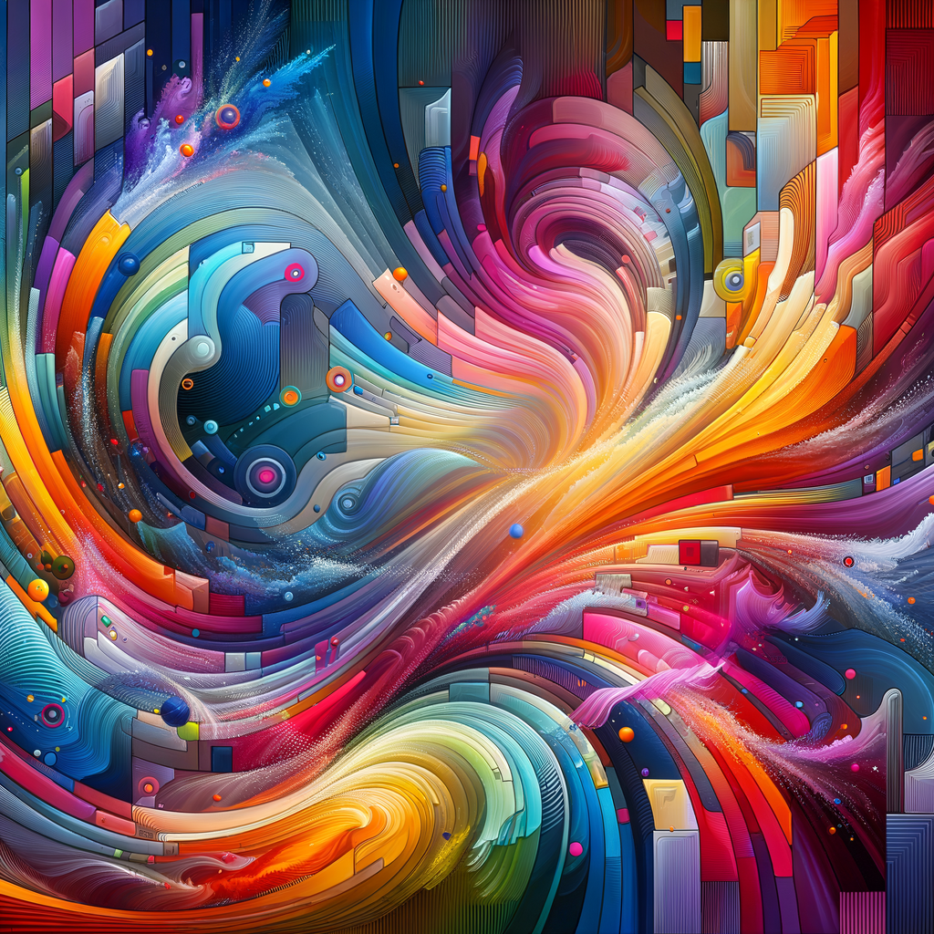"Abstract art with vibrant colors, geometric shapes, flowing patterns, modern digital art style, colorful gradients, high detail"
