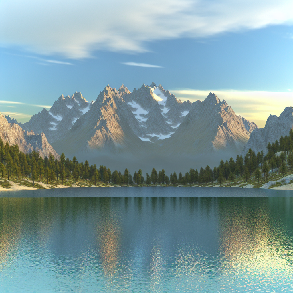 "A serene mountain landscape with a crystal clear lake in the foreground, snow-capped peaks in the background, golden hour lighting, photorealistic, highly detailed"